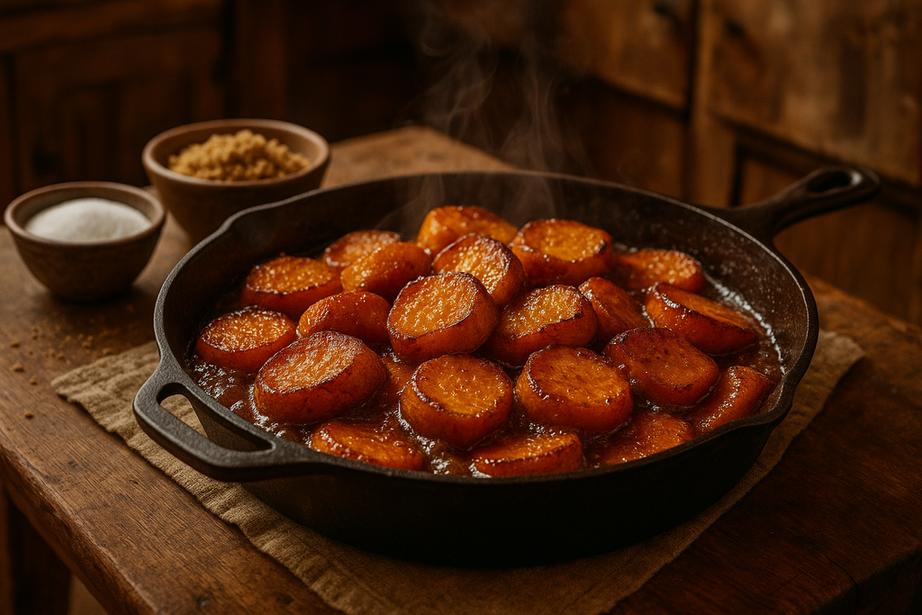 A rustic, soul food dessert photo of candied yams with bubbling brown sugar and cinnamon glaze, topped with caramelized edges. Surrounded by bowls of white sugar and brown sugar. Cozy Southern kitchen background