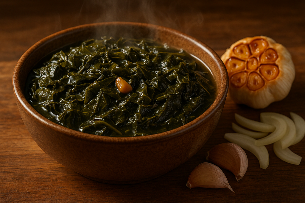 Roasted Garlic Collard greens, soul food looking delicious with a large clove of roasted and fresh garlic and onlon on the tale near the bowl