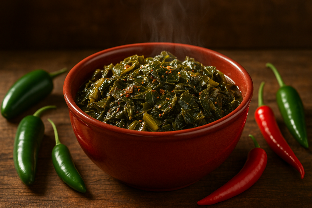 spicy collard greens in a red bowl with hot peppers on the table near them to signify hotness of the dish